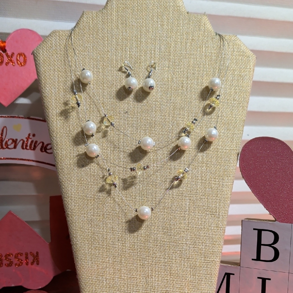 floating faux pearl and yellow faux crystal Triple Strand Necklace And Earrings